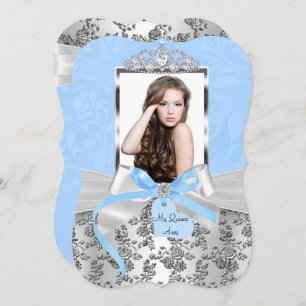 Elegant Blue Silver Bow Rose Photo Quinceanera 1 Invitation
