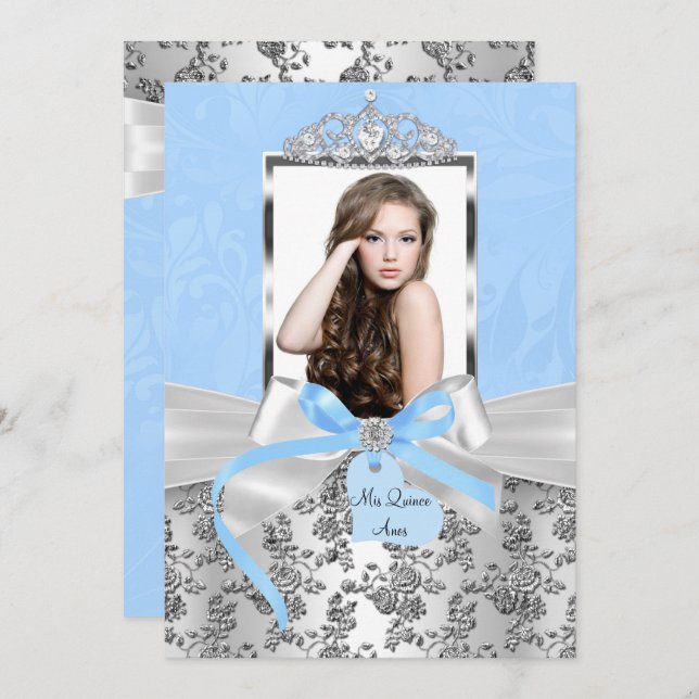 Elegant Blue Silver Bow & Rose Photo Quinceanera Invitation (Front/Back)
