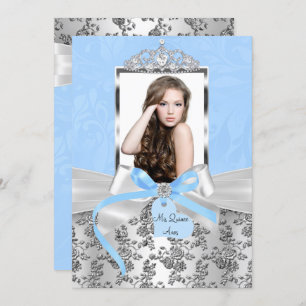Elegant Blue Silver Bow & Rose Photo Quinceanera Invitation