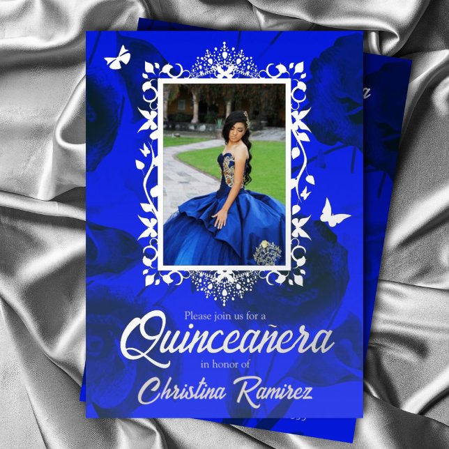 Elegant Blue, Silver Butterflies Quinceanera Foil  (Royal blue and silver quinceanera invitation, script writing, ornate butterflies photo frame)