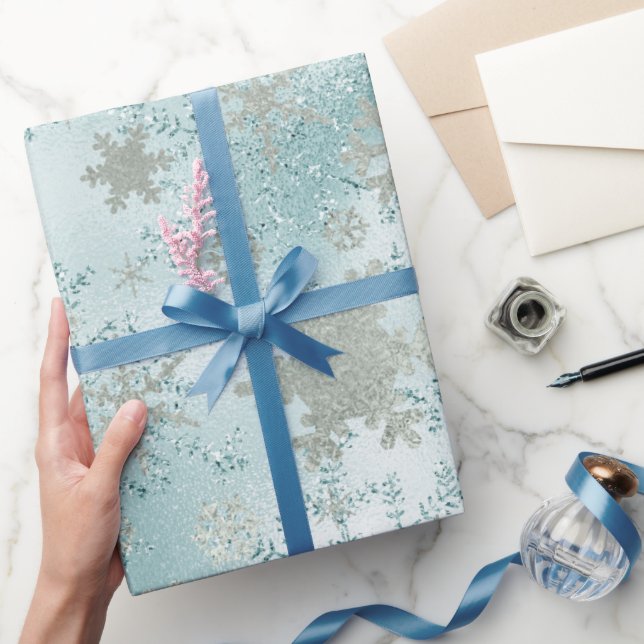 Elegant Blue Silver Christmas Snowflake Pattern Wrapping Paper (Gifting)