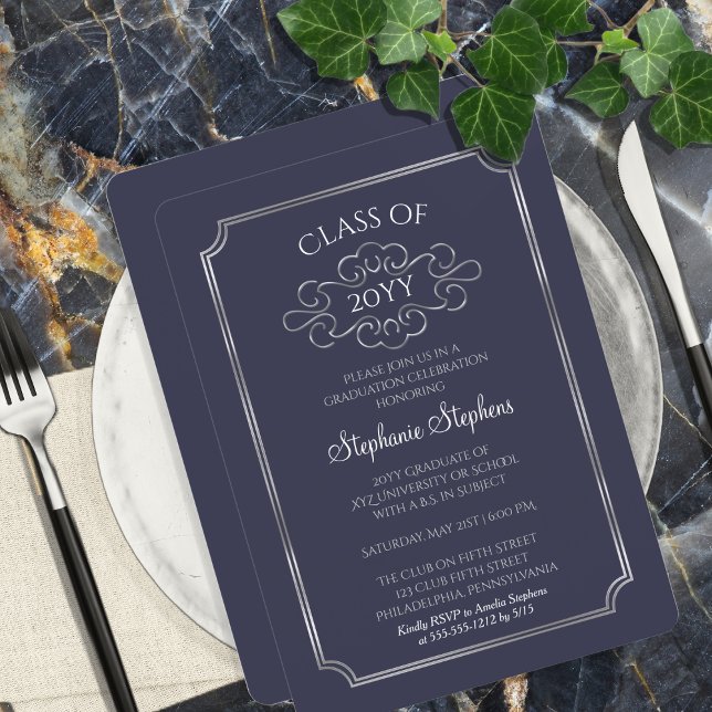 Elegant Blue | Silver College Graduation Party Invitation (Elegant Blue Silver College Graduation Party Invitation - Available in Print and/or Digital Download)