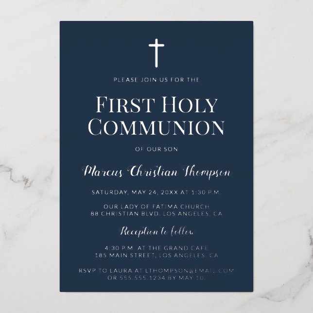 Elegant blue Silver cross Boy First Holy Communion (Front)