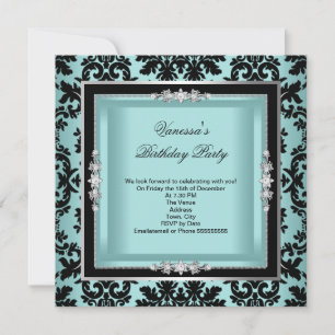 Elegant Blue Silver Damask Black Birthday Party Invitation