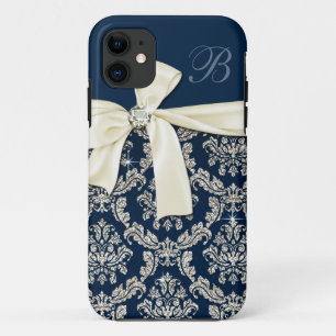 Elegant Blue Silver Damask Diamond Bow Monogrammed iPhone 11 Case