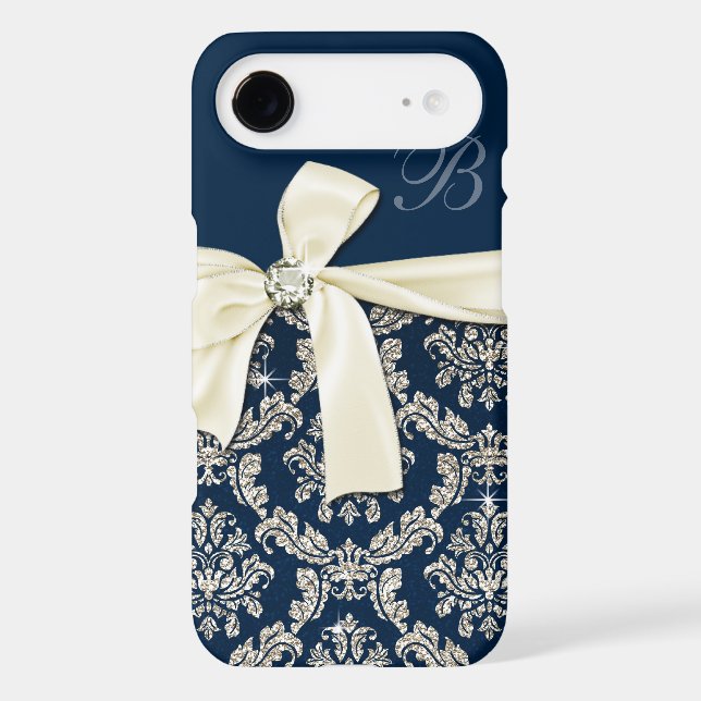 Elegant Blue Silver Damask Diamond Bow Monogrammed Case-Mate Samsung Galaxy Case (Back)