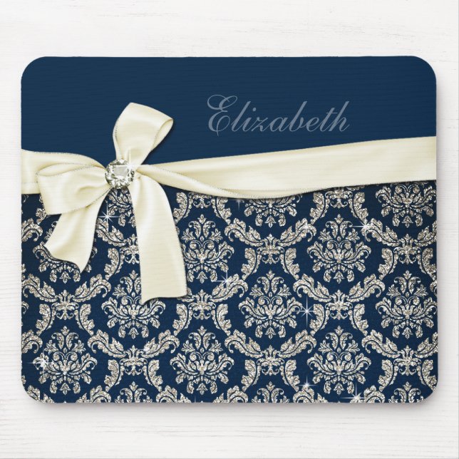 Elegant Blue Silver Damask Diamond Bow Monogrammed Mouse Pad (Front)