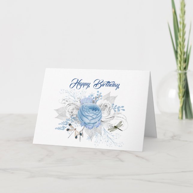 Elegant Blue Silver Dragonfly Floral Birthday Card (Front)