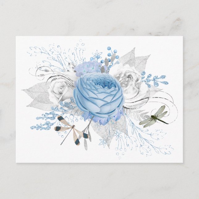 Elegant Blue Silver Dragonfly Floral Postcard (Front)