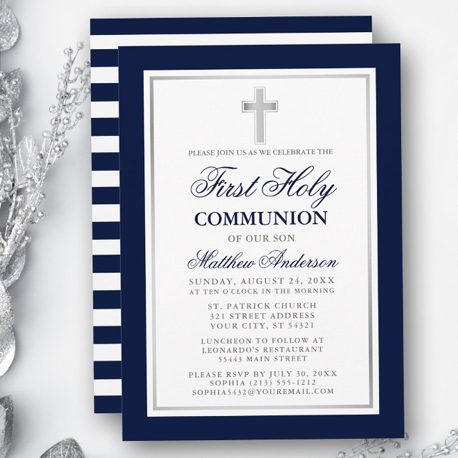 Elegant Blue Silver First Holy Communion Striped Invitation (Customize to change text size, color or text style.)