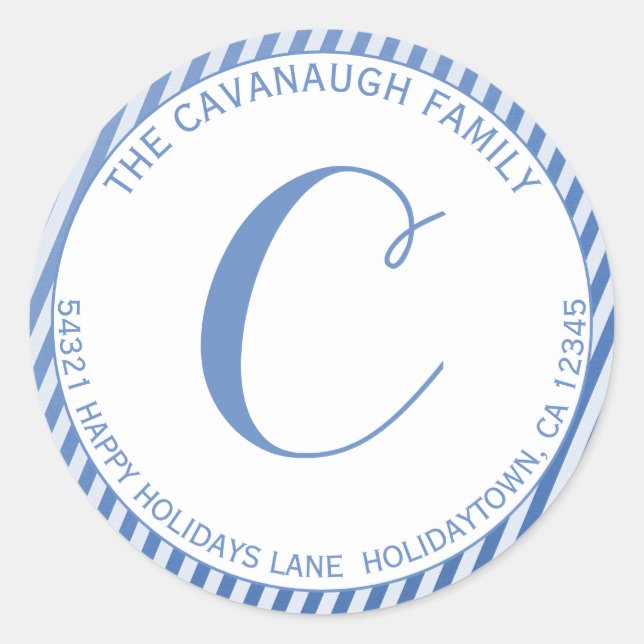 Elegant Blue Silver Foil Stripe Monogram Address Classic Round Sticker (Front)