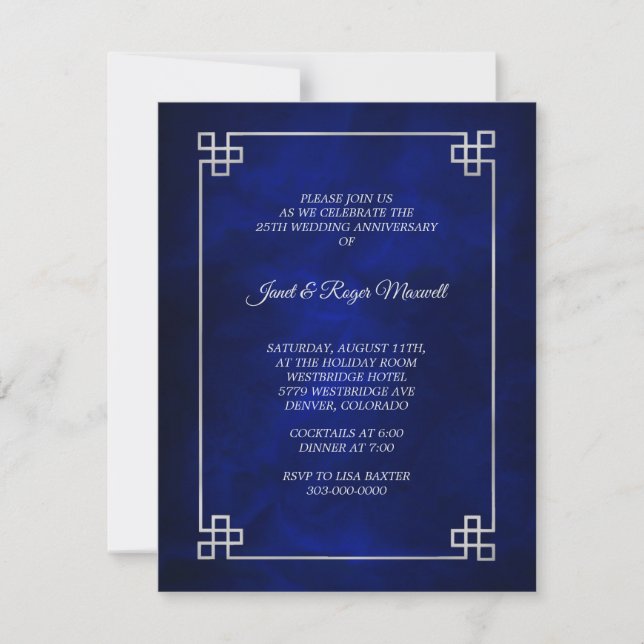 Elegant Blue Silver Frame 25th Wedding Anniversary Invitation (Front)
