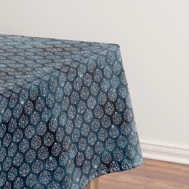 Elegant Blue Silver Geometric Pattern Christmas Tablecloth (In Situ)