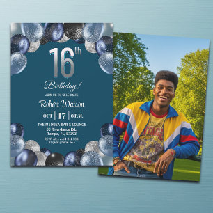 Elegant Blue Silver Glitter 16th Birthday Photo Invitation
