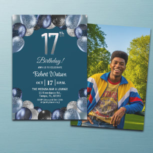 Elegant Blue Silver Glitter 17th Birthday Photo Invitation