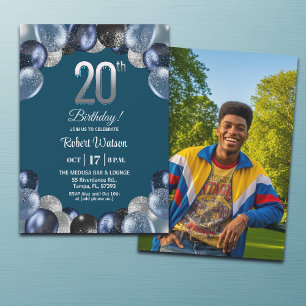 Elegant Blue Silver Glitter 20th Birthday Photo Invitation