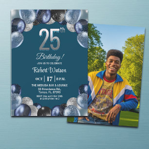 Elegant Blue Silver Glitter 25th Birthday Photo Invitation