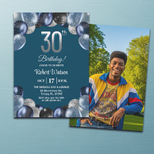 Elegant Blue Silver Glitter 30th Birthday Photo Invitation