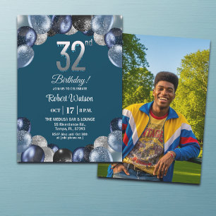 Elegant Blue Silver Glitter 32nd Birthday Photo Invitation