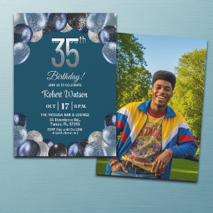 Elegant Blue Silver Glitter 35th Birthday Photo Invitation