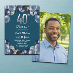 Elegant Blue Silver Glitter 40th Birthday Photo Invitation
