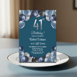 Elegant Blue Silver Glitter 41st Birthday Party Invitation