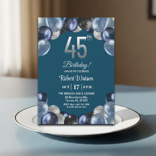 Elegant Blue Silver Glitter 45th Birthday Party Invitation