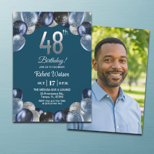 Elegant Blue Silver Glitter 48th Birthday Photo Invitation