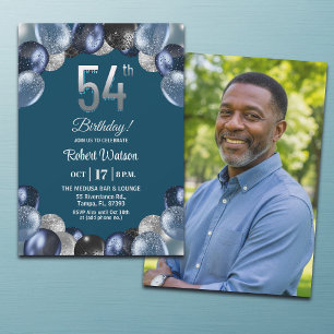 Elegant Blue Silver Glitter 54th Birthday Photo Invitation