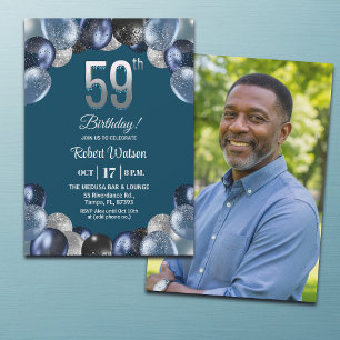 Elegant Blue Silver Glitter 59th Birthday Photo Invitation