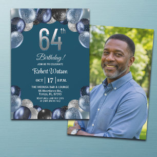 Elegant Blue Silver Glitter 64th Birthday Photo Invitation