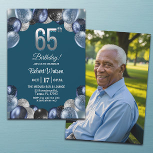 Elegant Blue Silver Glitter 65th Birthday Photo Invitation