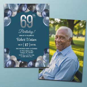 Elegant Blue Silver Glitter 69th Birthday Photo Invitation