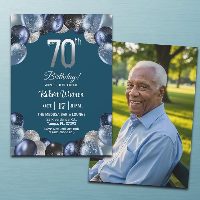 Elegant Blue Silver Glitter 70th Birthday Photo Invitation (Creator Uploaded)