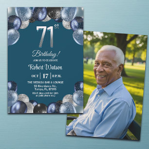 Elegant Blue Silver Glitter 71st Birthday Photo In Invitation