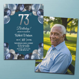 Elegant Blue Silver Glitter 73rd Birthday Photo Invitation