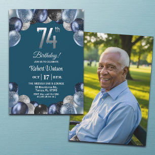 Elegant Blue Silver Glitter 74th Birthday Photo Invitation