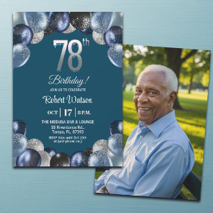 Elegant Blue Silver Glitter 78th Birthday Photo Invitation