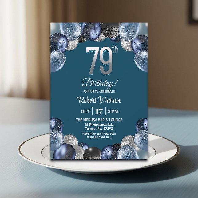Elegant Blue Silver Glitter 79th Birthday Party Invitation (Creator Uploaded)