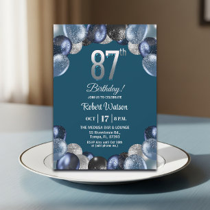 Elegant Blue Silver Glitter 87th Birthday Party Invitation