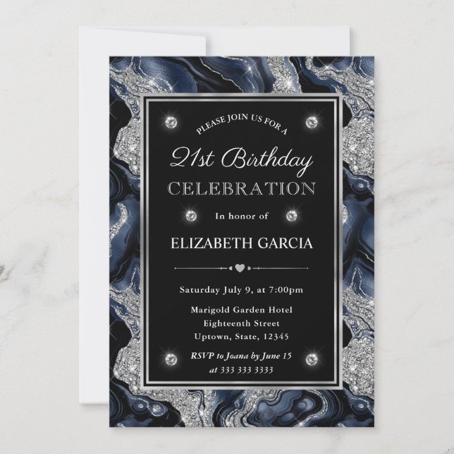 Elegant Blue & Silver Glitter Agate 21st Birthday Invitation (Front)