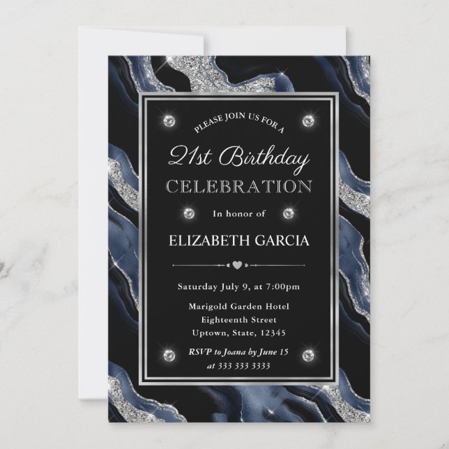 Elegant Blue & Silver Glitter Agate 21st Birthday Invitation (Front)