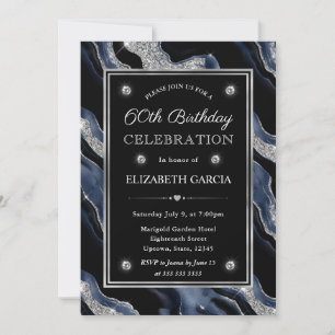 Elegant blue & Silver Glitter Agate 60th Birthday Invitation