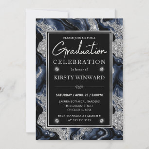 Elegant Blue & Silver Glitter Agate Graduation Invitation