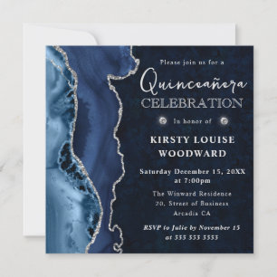 Elegant Blue Silver Glitter Agate Quinceanera Invitation