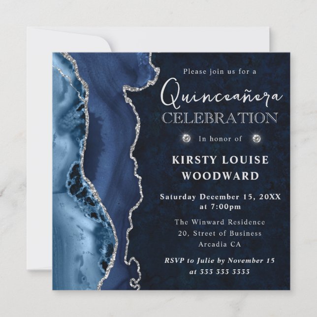 Elegant Blue Silver Glitter Agate Quinceanera Invitation (Front)