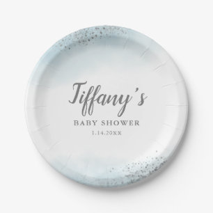 Elegant Blue Silver Glitter Baby Shower Paper Plate