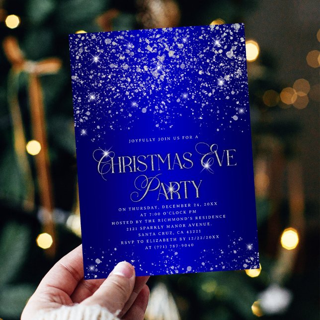 Elegant Blue Silver Glitter Christmas Eve Party Invitation (Creator Uploaded)