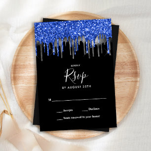 Elegant Blue Silver Glitter Drips Wedding RSVP Card