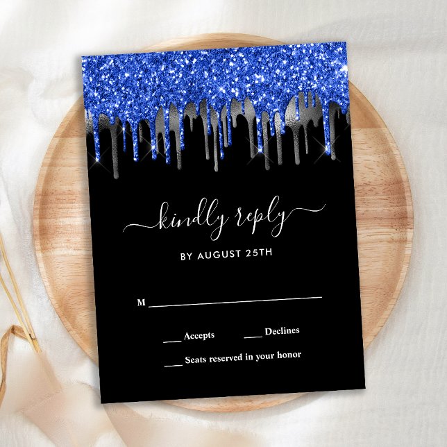 Elegant Blue Silver Glitter Drips Wedding RSVP Invitation Postcard (Creator Uploaded)